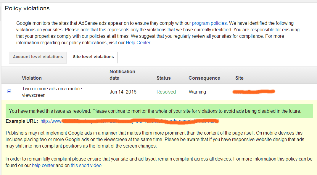 adsense policy violation warning