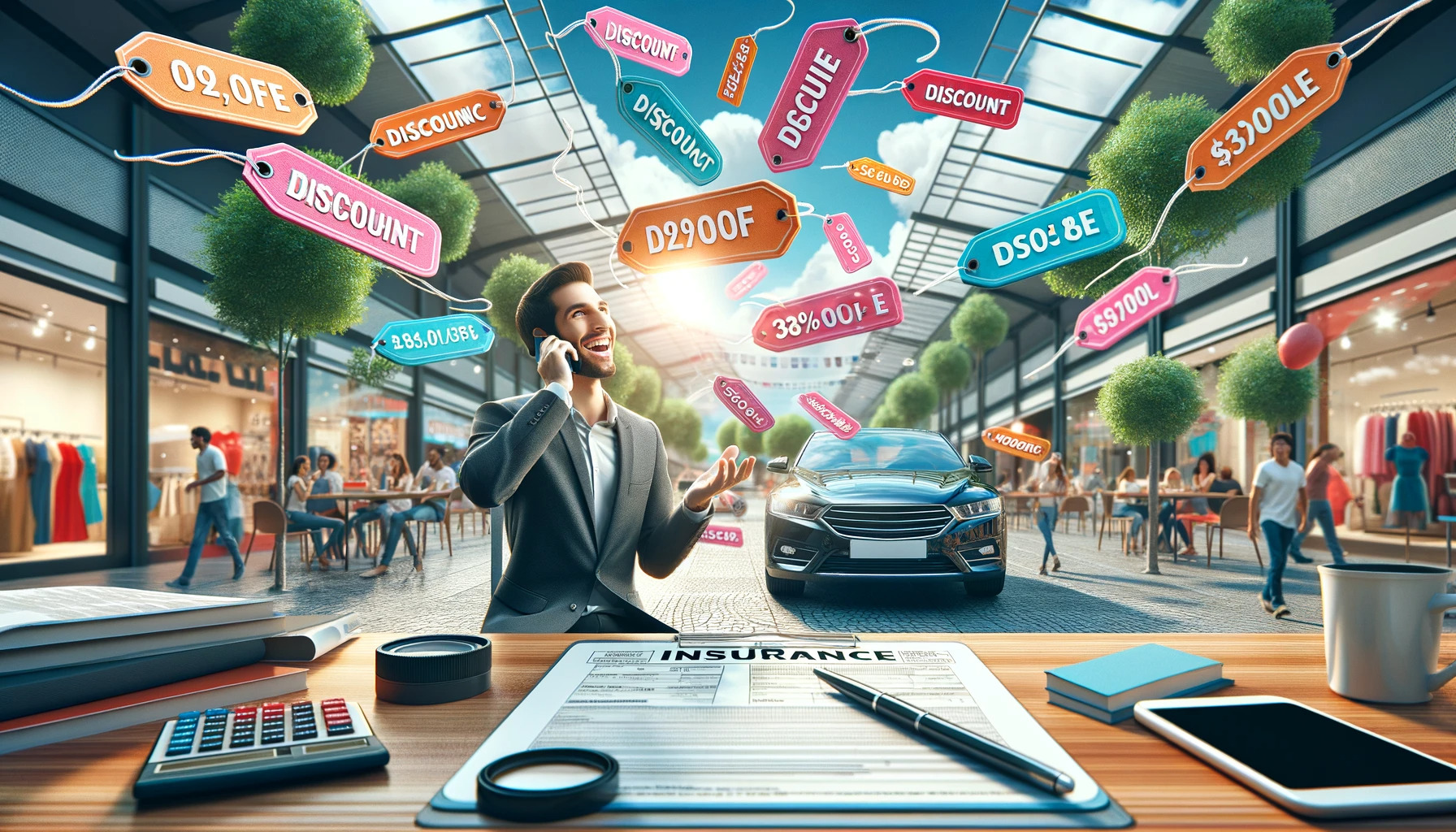 n-array-of-discount-tags-and-offers-floating-around-a-happy-cost-conscious-driver-set-against-the-backdrop-of-a-car-and-insurance-paperwork